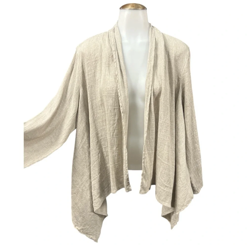 Eileen Fisher XL Coastal Linen Cotton Blend Open Front Drape Cardigan Lagenlook